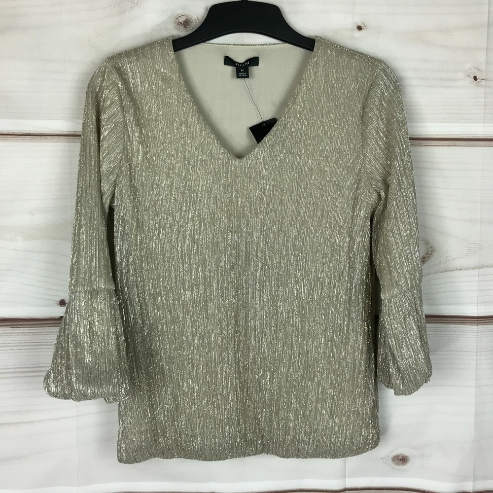 Alfani Top Womens PP Gold Metallic Blouse 3/4 Sleeve V-Neck Pullover Lined Knit